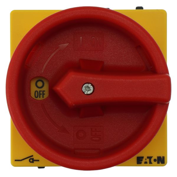 Main switch, P1, 40 A, flush mounting, 3 pole, Emergency switching off function, With red rotary handle and yellow locking ring, Lockable in the 0 (Of image 16