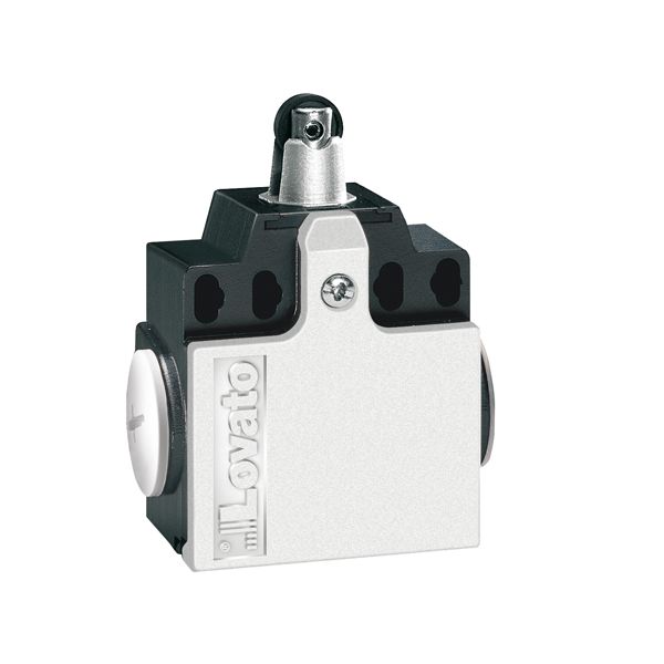 Limit switch, K series, top roller push plunger, 2 side cable entry. Dimensions compatible to EN 50047, metal body, contacts 2NO slow action. Plastic roller image 1