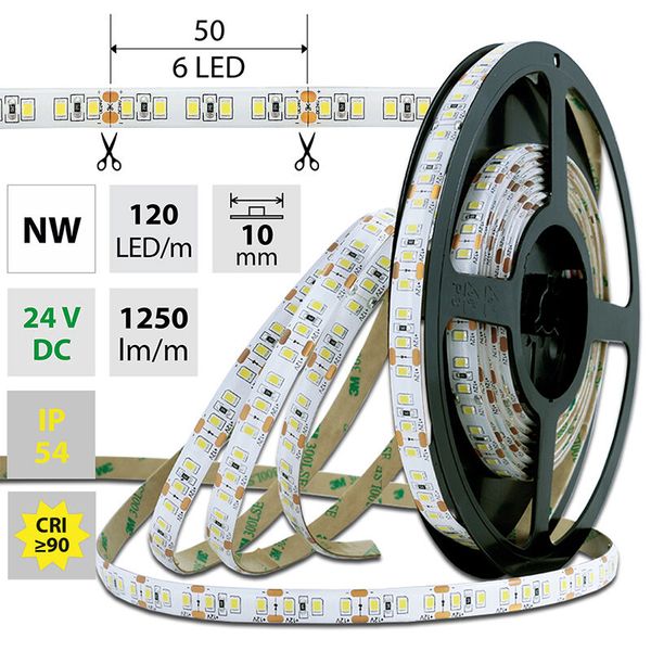 LED strip SMD2835 NW, 120LED/m, 14W/m, 1250lm/m, IP54, DC 24V, 10mm, 5m image 1