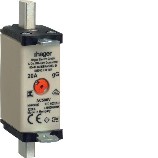 NH000-Fuse-link 20A 500V gG twin-Indicator insulated gripping lugs image 1