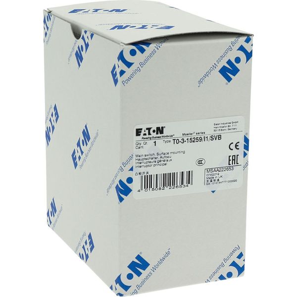 T0-3-15259/I1/SVB Main switch, T0, 20 A, surface mounting, 3 contact unit(s), 3 pole, 2 N/O, Emergency switching off function, With red rotary handle and yellow locking image 36