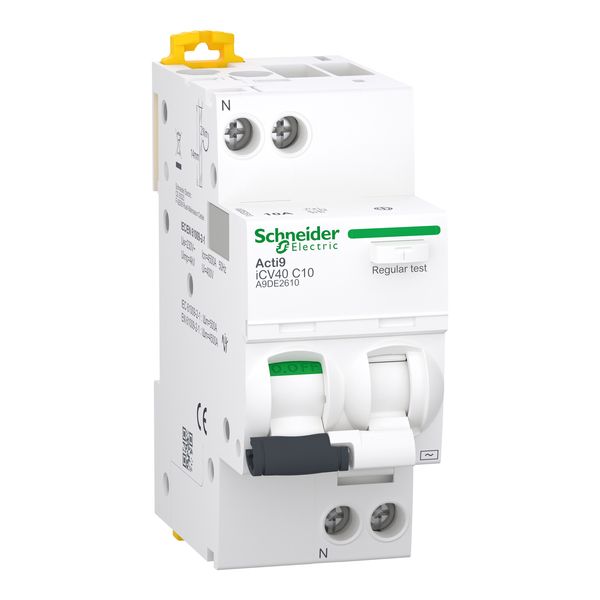 residual current breaker with overcurrent protection (RCBO), Acti9 iCV40, 1P+N, 10 A, C Curve, 4500 A, 30 mA, AC type image 1