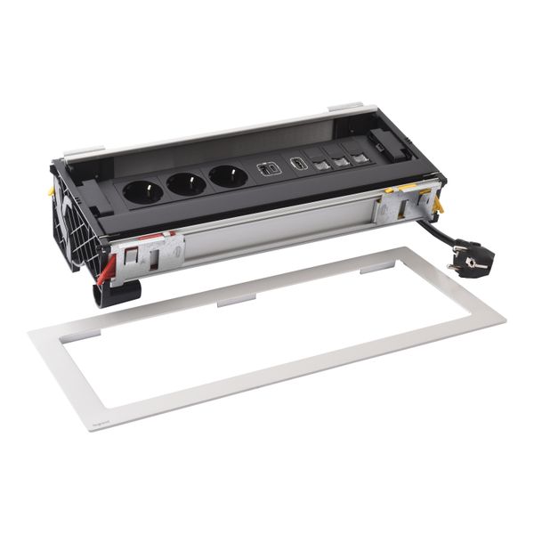 FLIP UP 12 modules METAL equipped with 3 sockets 2P+E SCH + 3RJ45 CAT6 UTP 1mod + 1xHDMI + 1xUSB type A+C  with 2m cord image 1