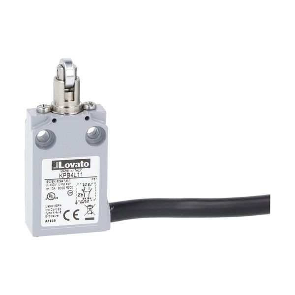 Prewired with 2m long cable metal limit switch, K series, top roller push plunger. Contacts 1NO+1NC snap action. Roller operation perpendicular to switch body image 1