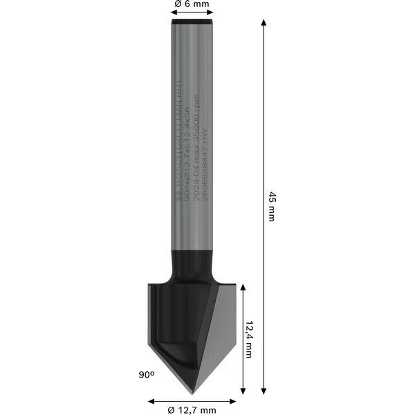 V-groove bit, 6 mm, D1 12.7 mm, L 12.7 mm, G 45 mm, 90° image 1