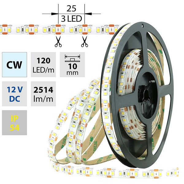 LED strip SMD2835 CW, 120LED/m, 28,8W/m, 2514lm/m, IP54, DC 12V, 10mm, 5m image 1