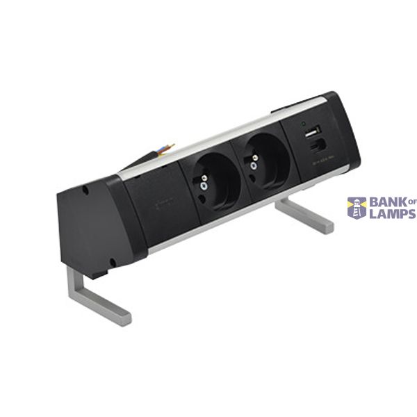 Desk socket set: 2x250V type E + USB A+C charger, 10 cm cable; aluminum black image 1