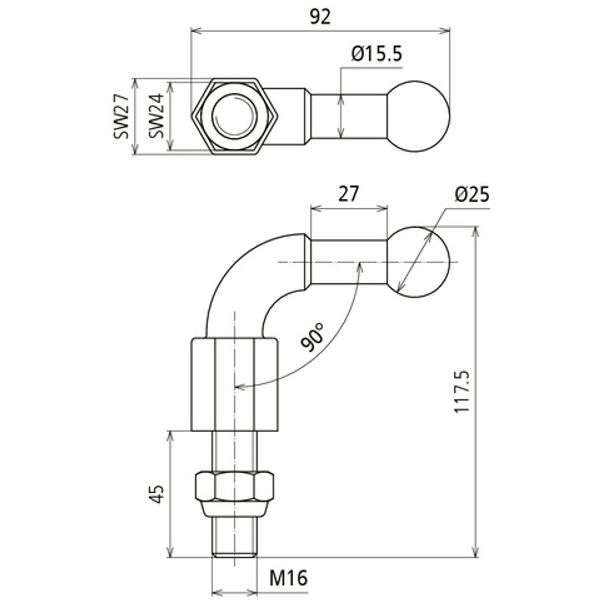 Fixed ball point D=25mm, angled (90°) with threaded bolt and nut M16x4 image 2