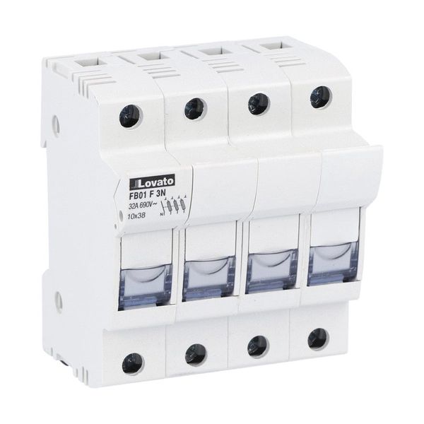 Fuse holder UL recognized and CSA certified, for 10X38mm fuses. 32A rated current at 690VAC, 3P+N. Without status indicator. 4 modules image 1