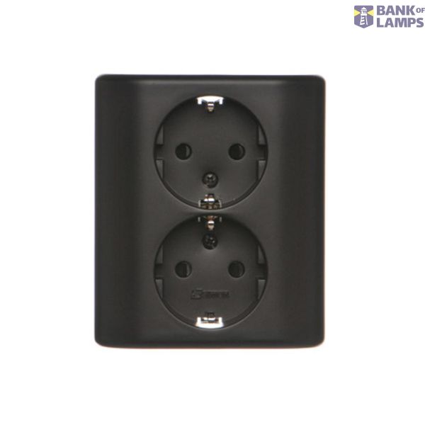 Double socket outlet with Schuko earthing and shutters, flush mounted - Scandinavian version, (Complete product), 16A, 250V, Screw, black matt image 1