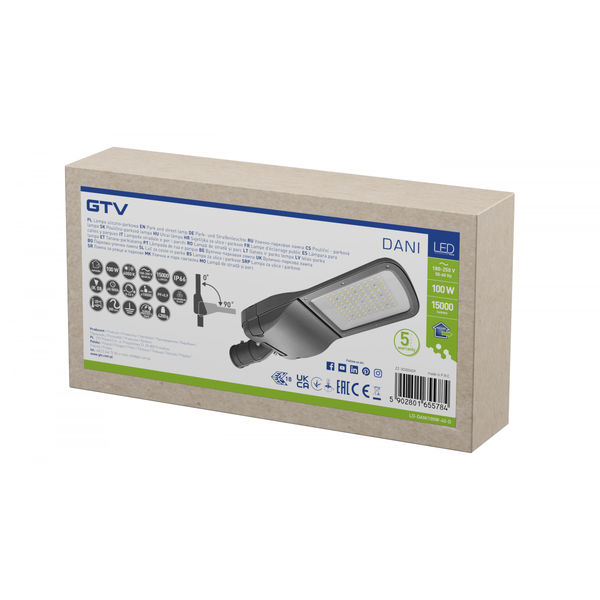 LED street luminaire DANI, 100 W, 4000K, AC180-250V, IP66, 15000 lm, IK09, ENEC image 1