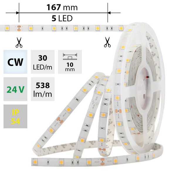 LED strip SMD5050 CW, 30LED/m, 8,5W/m, 470lm/m, IP54, DC 24V, 10mm, 5m image 1