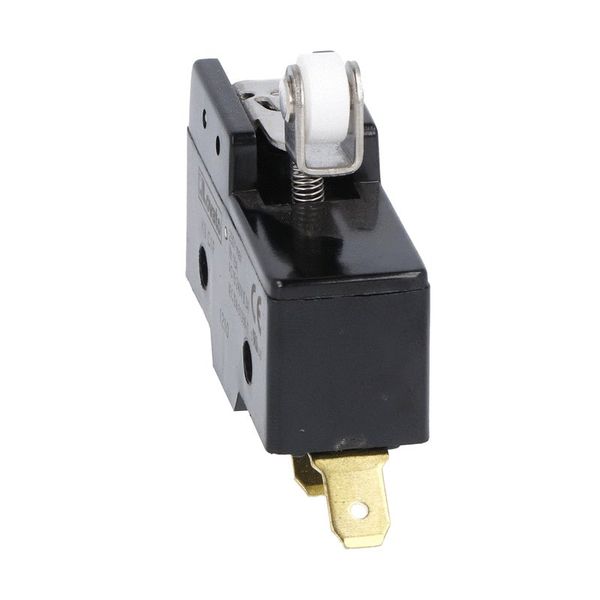 Plastic micro switch, K series, roller centre push lever. 26.6mm/1.05in long lever. Contacts 1NO/NC. Faston terminals image 1