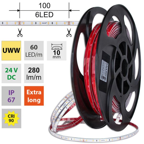 LED strip SMD2835 UWW, 60LED/m, 4,8W/m, DC 24V, 280lm/m, CRI90, IP67, 10mm, 50m image 1