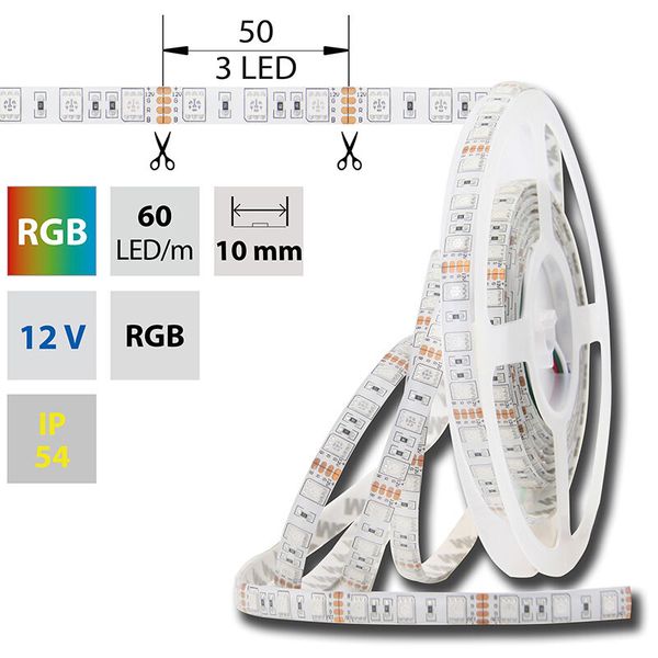 LED strip SMD5050 RGB, 60LED/m, 14,4W/m, DC12V, 496lm/m, IP54, 10mm, 5m image 1