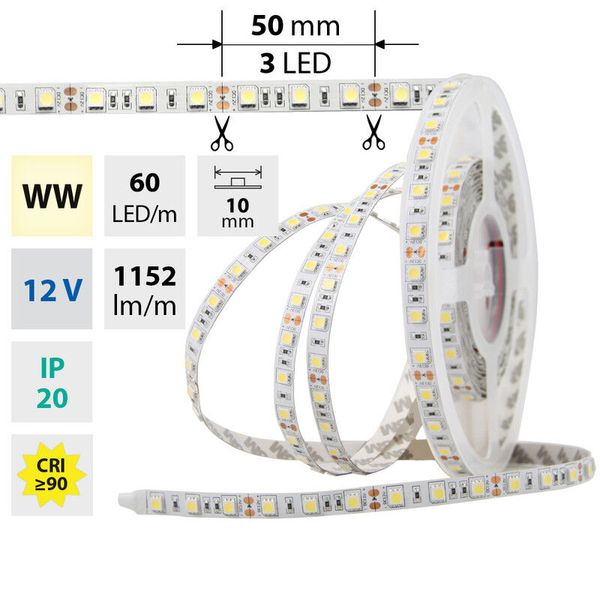 LED strip SMD5050 WW, 60LED/m, 14,4W/m, DC 12V, 1152lm/m, IP20, 10mm, 50m image 1