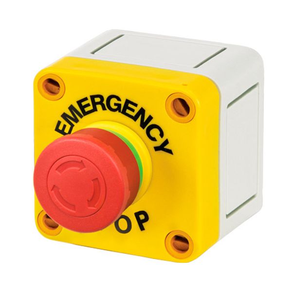 Polystyrene push-button enclosure 65x65x57 with red mushroom push-button Ø 32, twist release image 1