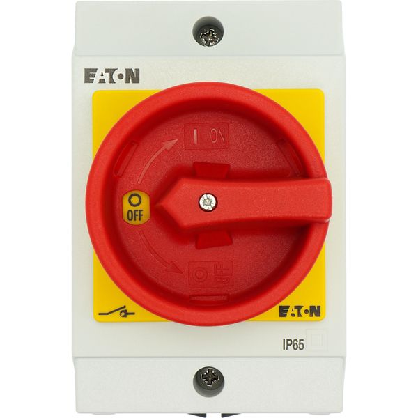 T0-3-15259/I1/SVB Main switch, T0, 20 A, surface mounting, 3 contact unit(s), 3 pole, 2 N/O, Emergency switching off function, With red rotary handle and yellow locking image 24