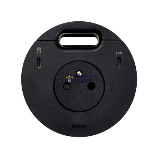 Furniture power socket (pin grounding) with USB-C 20W charger, USB Type C DATA port and grommet (cable outlet)- 1x HDMI + LAN + 3x USB Type A docking station included, Simon 400 Flash 90, IP20, 16A, black, Mount. dimen.: Ø80mm image 1