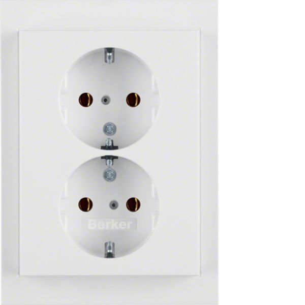 Double socket, SCHUKO with frame, 16 A, 250 V~, screwless. clamps, Berker K.1, white, gloss image 1