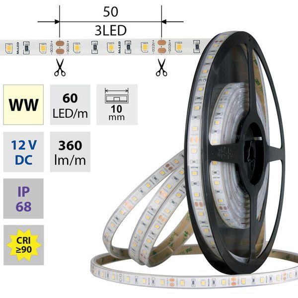 LED strip SMD2835 WW, 60LED/m, 4,8W/m, DC 12V, 360lm/m, CRI90, IP68, 10mm, 5m image 1