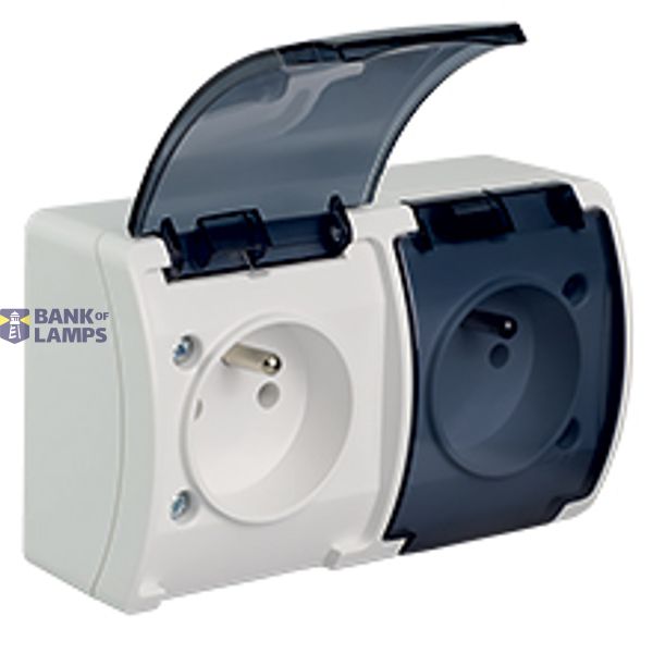 VG-2 Koala Double Socket with earthing contact (2x2P+Z) surface mounted IP44 white with smoky (transparent) flap VG 162-51 image 1