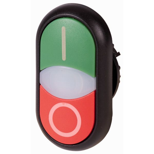 M22S-DDLM-GR-X1/X0 Double actuator pushbutton, RMQ-Titan, Pushbutton actuator I and indicator light flush, pushbutton actuator 0 non-flush, momentary, White lens, green, image 1