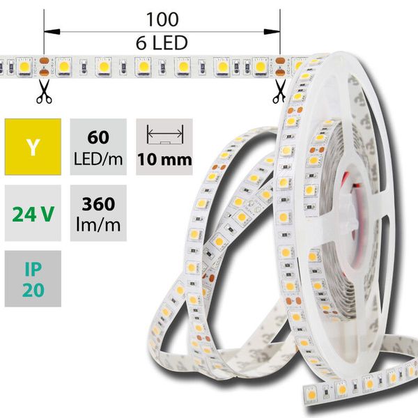 LED strip SMD5050 Y, 60LED/m, 14,4W/m, DC 24V, 360lm/m, IP20, 10mm, 50m image 1