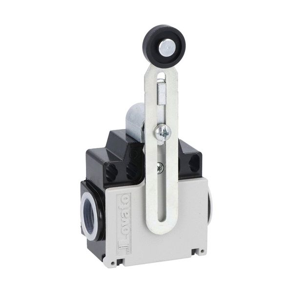 Limit switch, K series, adjustable roller lever, 2 side cable entry. Dimensions compatible to EN 50047, metal body, contacts 1NO+1NC slow action. Plastic roller image 1