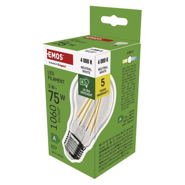 LED Bulb Filament A60 A CLASS/ E27 / 5 W (75 W) / 1 060 lm / neutral white image 1