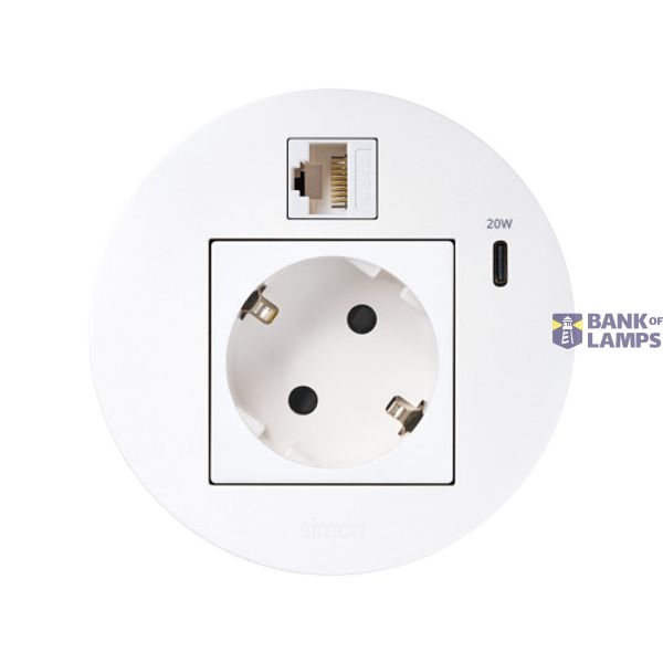 Furniture power socket (schuko grounding) with USB-C 20W charger and RJ45 connector cat. 6 UTP (Keystone), Simon 400 Flash 90, IP20, 16A, white, Mount. dimen.: Ø80mm image 1