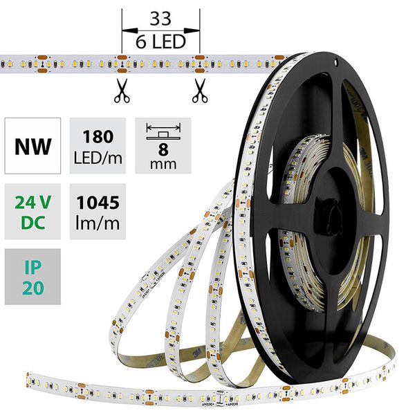 LED strip SMD2216 NW, 180LED/m, 12W/m, DC 24V, 1045lm/m, CRI90, IP20, 8mm, 5m image 1