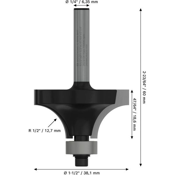 Rounding over bit, 1/4", R1 12.7 mm, D 38.1 mm, L 18.6 mm, G 60 mm image 2