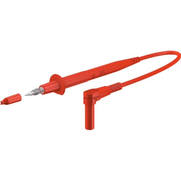 Measuring lead with (test probe, straight) to (4 mm plug, spring-loaded, angled), 1 m, red, PVC, 1.0 mm², CAT II, 66.9008-10022 image 1