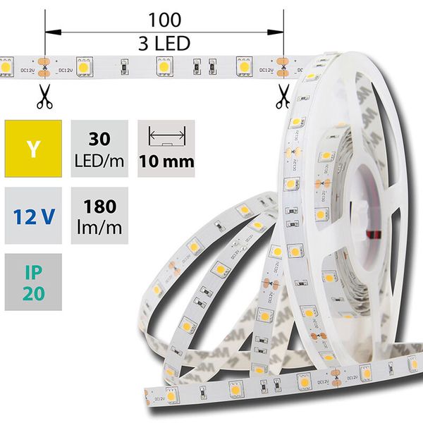 LED strip SMD5050 yellow, 30LED/m, 7.2W/m, 180lm/m, IP20, DC 12V, 10mm, 5m image 1