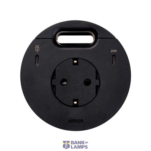 Furniture power socket (schuko grounding) with USB-C 20W charger, USB Type C DATA port and grommet (cable outlet)- 1x HDMI + LAN + 3x USB Type A docking station included, Simon 400 Flash 90, IP20, 16A, black, Mount. dimen.: Ø80mm image 1