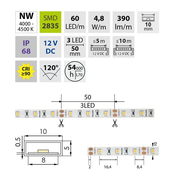 LED strip SMD2835 NW, 60LED/m, 4,8W/m, DC 12V, 390lm/m, CRI90, IP68, 10mm, 5m image 1