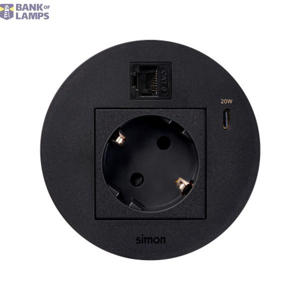 Furniture power socket (schuko grounding) with USB-C 20W charger and RJ45 connector cat. 6 UTP (Keystone), Simon 400 Flash 90, IP20, 16A, black, Mount. dimen.: Ø80mm image 1