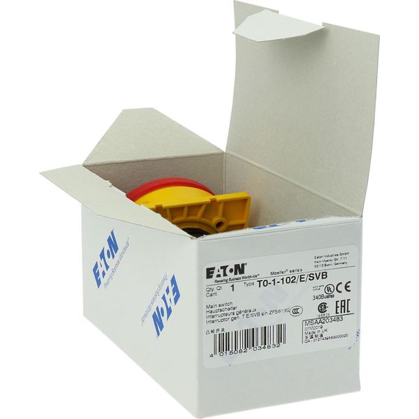 T0-1-102/E/SVB Main switch, T0, 20 A, flush mounting, 1 contact unit(s), 2 pole, Emergency switching off function, With red rotary handle and yellow locking ring image 19