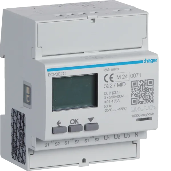 3-phase energy meter for converter ratio 1A or 5A, 4M, SO, MID image 1