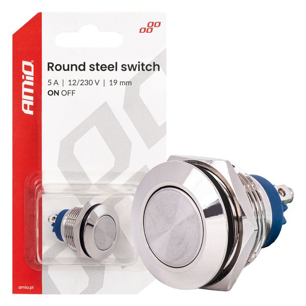 Round steel switch  ON/OFF 19mm 5A 12/230V AMIO-04474 image 1