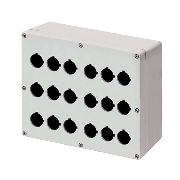 Aluminium push-button enclosure M4 230x205x100, 18 holes Ø 22, with cable entry image 1