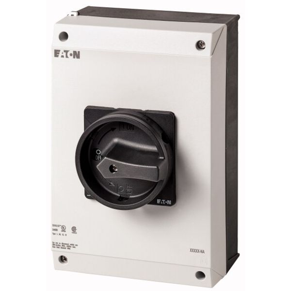 P3-100/I5/SVB-SW/HI11-NA Main switch, P3, 100 A, surface mounting, 3 pole, 1 N/O, 1 N/C, STOP function, With black rotary handle and locking ring, UL/CSA image 1