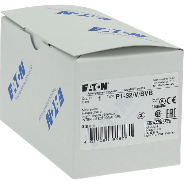 P1-32/V/SVB Main switch, P1, 32 A, rear mounting, 3 pole, Emergency switching off function, With red rotary handle and yellow locking ring, Lockable in the 0 (Off image 24