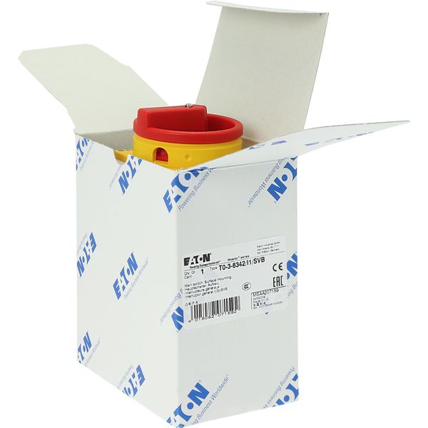 T0-3-8342/I1/SVB Main switch, T0, 20 A, surface mounting, 3 contact unit(s), 6 pole, Emergency switching off function, With red rotary handle and yellow locking ring, image 38