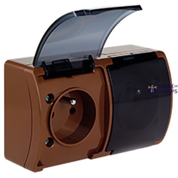 VG-2 Koala Double Socket with earthing contact (2x2P+Z) surface mounted IP44 brown with smoky (transparent) flap  VG 162-52 image 1