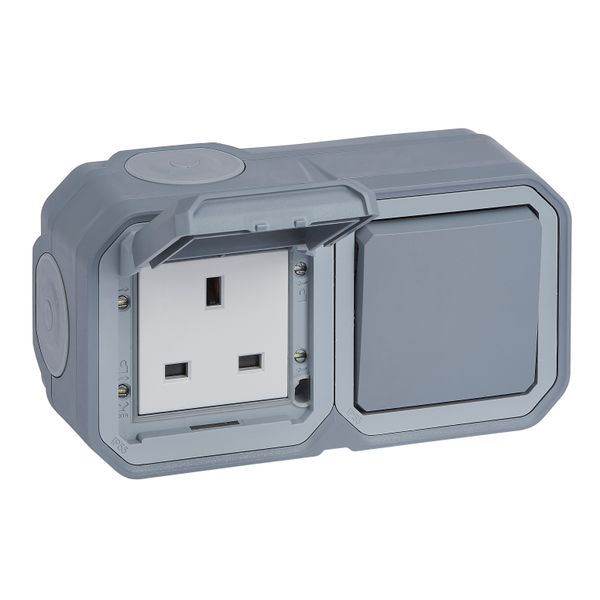 PLEXO 2 GANG BRITISH STANDARD 13A SOCKET OUTLET + 2 WAY SWITCH - GREY - SURFACE image 1