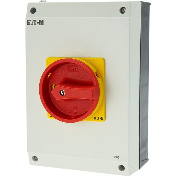 T5B-4-15682/I4/SVB Main switch, T5B, 63 A, surface mounting, 4 contact unit(s), 6 pole, 1 N/O, 1 N/C, Emergency switching off function, With red rotary handle and yellow image 8