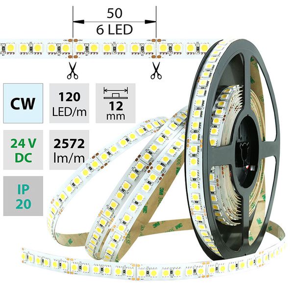 LED strip SMD5050 CW, 120LED/m, 28,8W/m, 2572lm/m, IP20, DC 24V, 12mm, 5m image 1