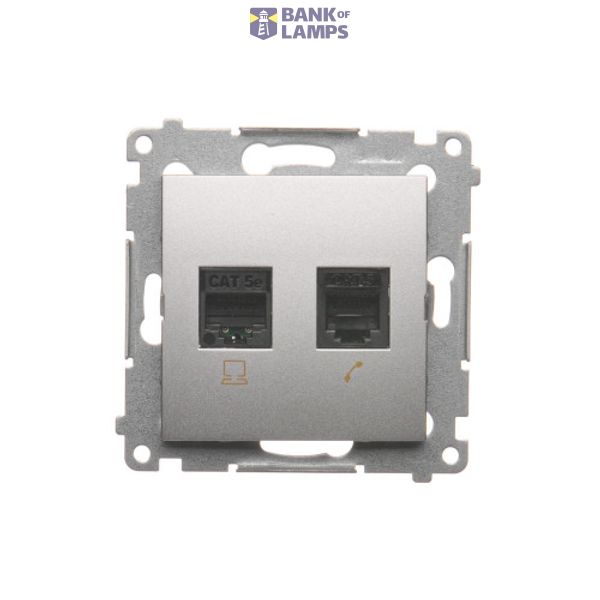 Computer socket RJ45 category 5e + telephone socket RJ12, (module), Silver matt, metalic image 1